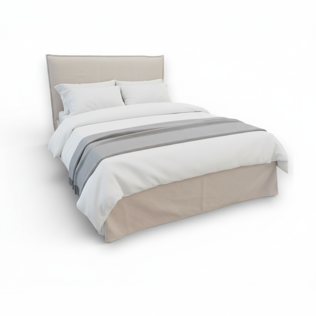 Shabby Chic storage ottoman bed with beige headboard and bedding on a white background