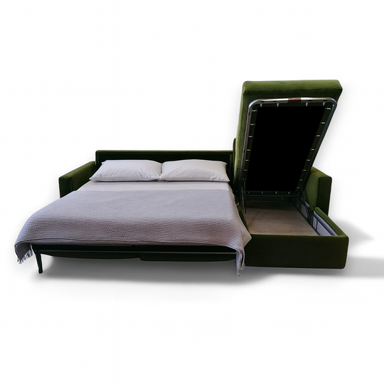 Green sofa bed with storage chais on a white background