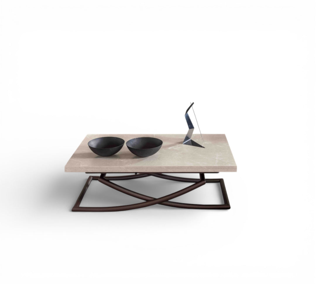 Modern Tokyo coffee table with two black bowls and a decorative item on a white background