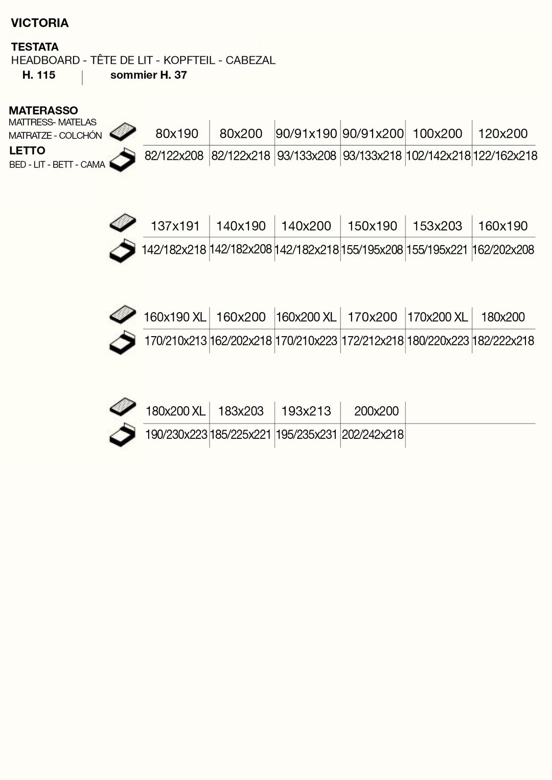 Technical specifications sheet for a mattress and headboard with dimensions and measurements for Victoria ottoman bed