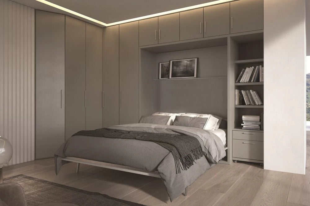 Workstation wall bed, modern bedroom with wardrobes and storage
