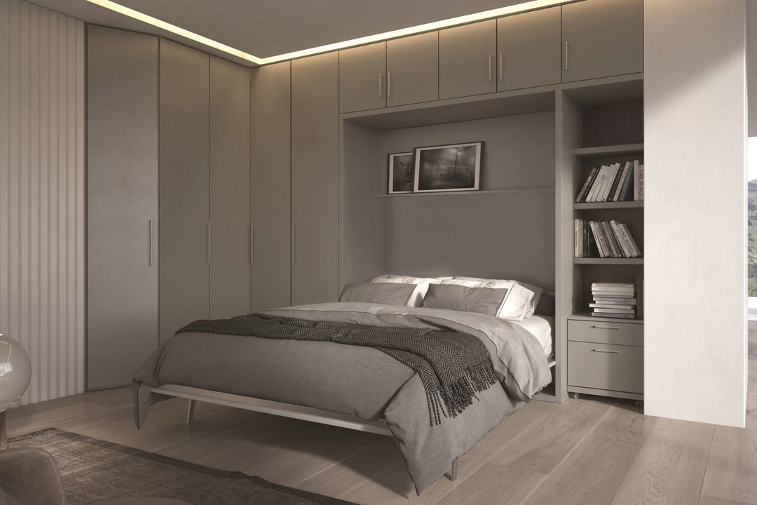 Workstation wall bed, modern bedroom with wardrobes and storage