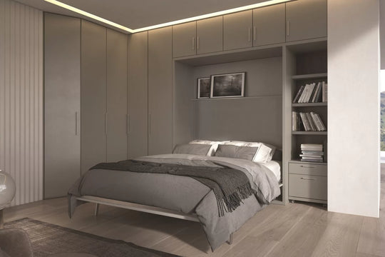 Workstation wall bed, modern bedroom with wardrobes and storage