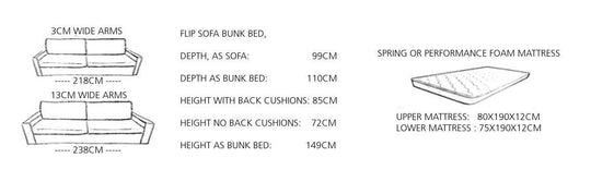 Bonbon Flip 2 sofa bunk bed, messurments